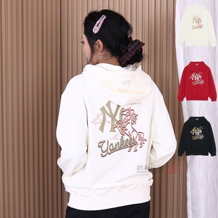 26新款MLB情侣卫衣男女NY新年生肖马印花连帽运动套头衫3AHDQ0161