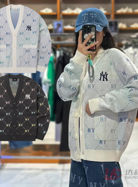 24新款MLB情侣外套男女NY彩色钻石老花针织开衫运动毛衣3AKCM0244