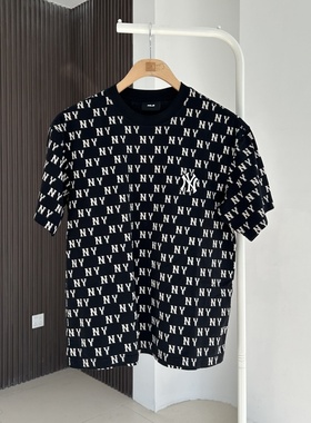 特价MLB情侣短袖男女NY满印复古老花圆领休闲运动T恤3ATSM0843