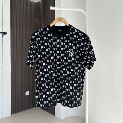 特价MLB情侣短袖男女NY满印复古老花圆领休闲运动T恤3ATSM0843