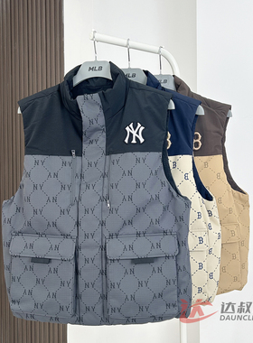 25新款MLB羽绒马甲男女NY钻石老花满印立领运动棉羽外套3ADVM0156
