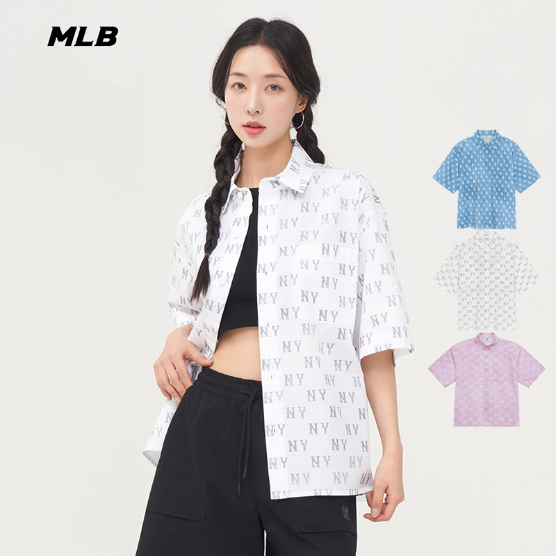 25新款MLB情侣短袖衬衫男女NY复古老花满印翻领运动夹克3AWSM0653