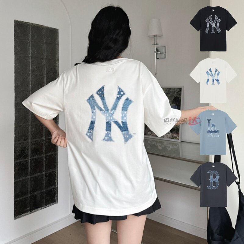 26新款MLB情侣短袖男女NY老花仿牛仔防晒UPF宽松运动T恤3ATSM0663