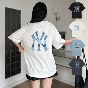 26新款MLB情侣短袖男女NY老花仿牛仔防晒UPF宽松运动T恤3ATSM0663