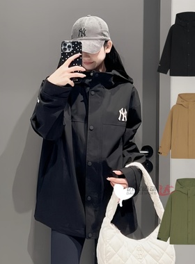 25新款MLB情侣冲锋衣外套男女NY刺绣连帽休闲运动夹克3AWJB0151