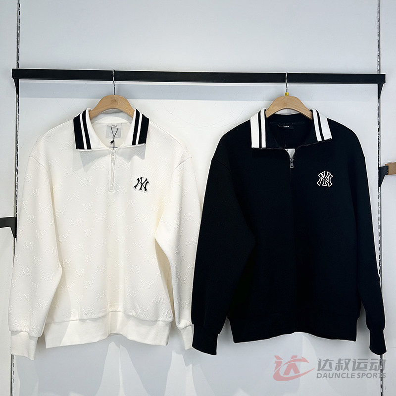 25新款MLB情侣卫衣男女NY暗纹老花满标翻领运动套头衫3AMTM0351