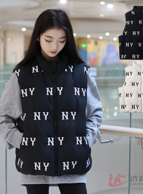 24新款MLB情侣羽绒马甲男女NY复古老花刺绣保暖棉羽背心3ADVG0146