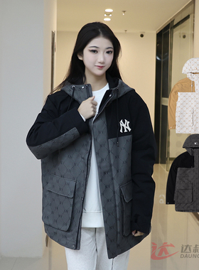 25新款MLB冲锋衣外套男女NY复古老花拼接撞色运动夹克3AWJM0151