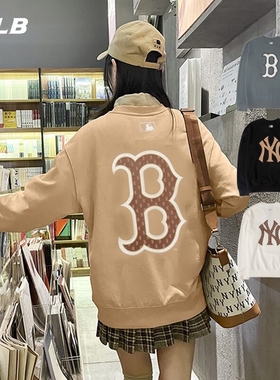 MLB情侣运动卫衣男女NY刺绣复古老花大标休闲圆领套头衫3AMTM1234