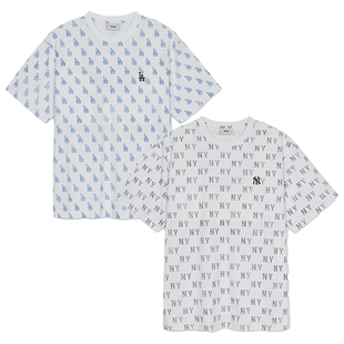 25新款MLB情侣短袖男女NY复古老花满印圆领休闲运动T恤3ATSM0253