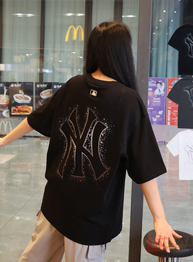 25新款MLB情侣短袖男女NY大标泼墨印花宽松休闲运动T恤3ATST0153