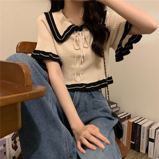 上衣 设计感小众荷叶边娃娃领针织衫 短袖 T恤女夏独特法式 别致短款