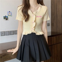 新款设计感小众荷叶边针织衫V领短袖T恤女夏季纯欲风甜辣短款上衣