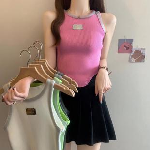 女裝 新款 2024拼色工字型不規則字母貼牌背心內搭外穿修身 上衣 夏季