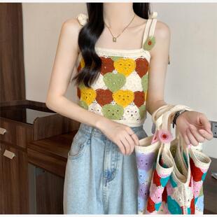 镂空刺绣针织吊带背心女夏季 外穿上衣 宽松小众波西米亚民族风短款