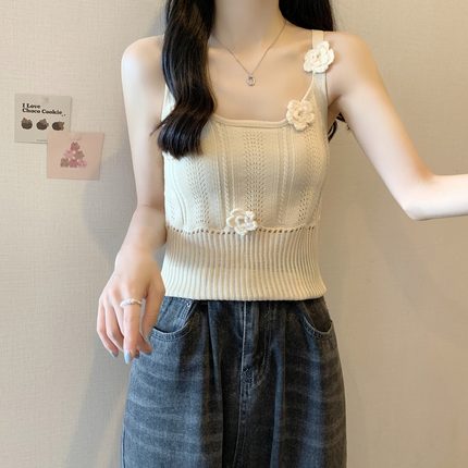设计感小众花朵针织吊带小背心女夏外穿辣妹露脐修身显瘦无袖上衣