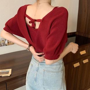 小众假两件洋气收腰短袖针织衫女装2025夏季新款修身短款打底上衣