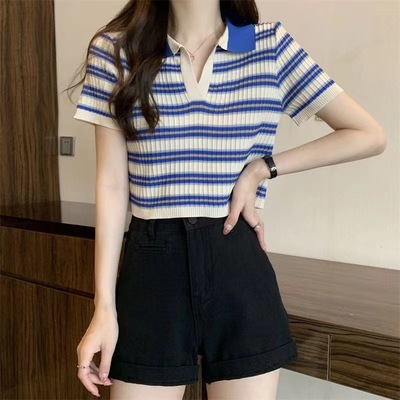 条纹撞色短袖针织女夏新减龄上衣