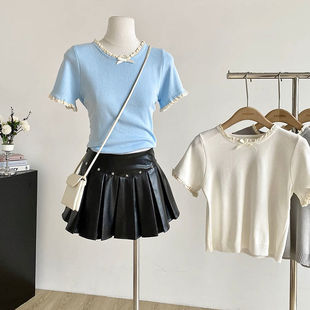 2025年夏季新款韩系甜美蕾丝花边短袖T恤百搭简约纯欲针织上衣女