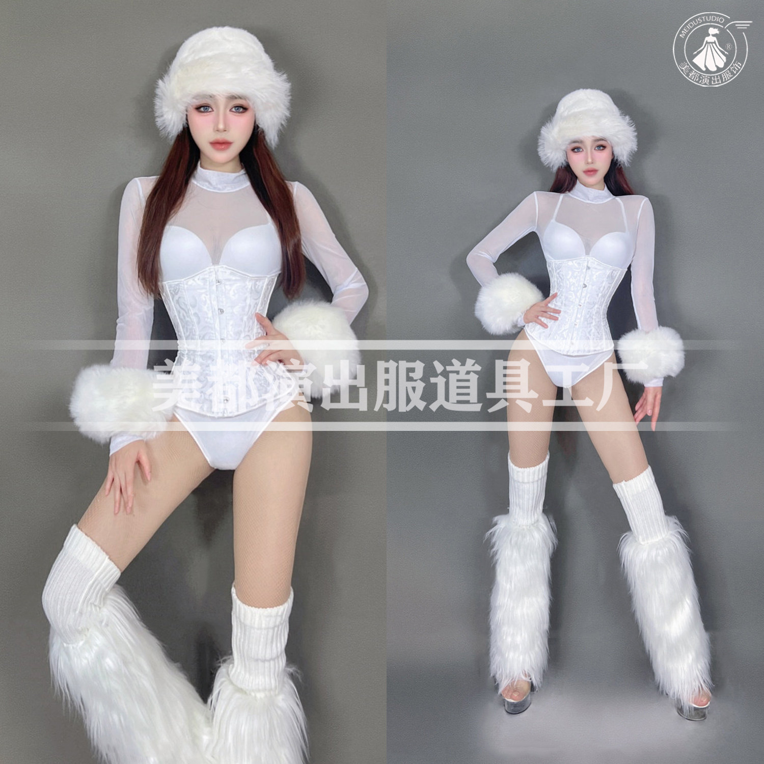酒吧ds性感gogo演出服圣诞节白色毛毛帽子夜店透视网纱连体女团服