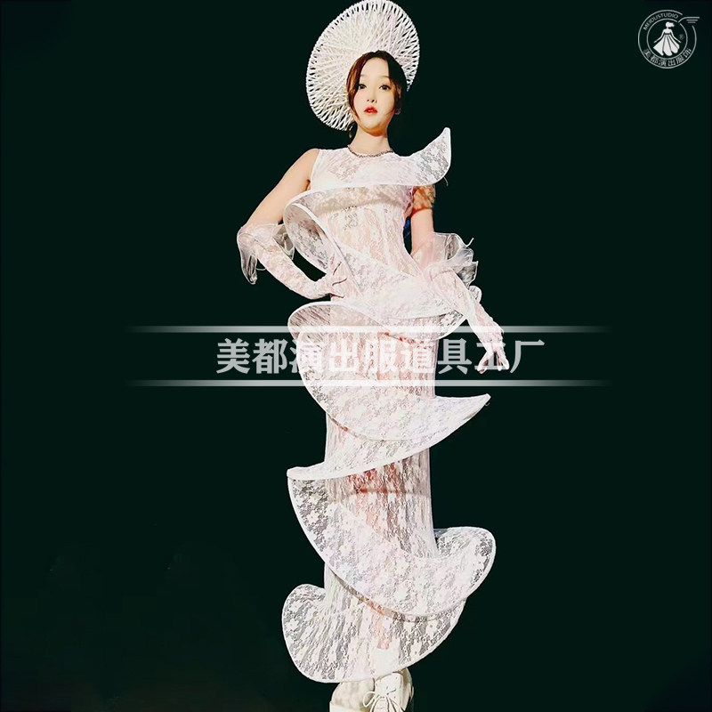 酒吧gogo演出服白色蕾丝水母套装夜店性感ds女花瓣夸张造型裙表演