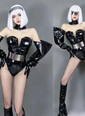 酒吧gogo演出服黑色未来科技感女机器人性感赛博抹胸连体皮衣新款
