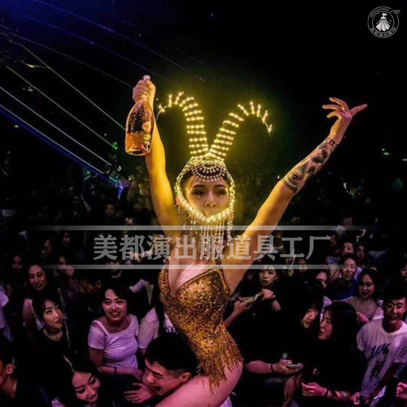 酒吧gogo演出服LED发光牛角头饰女性感金色连体服ds万圣节表演服