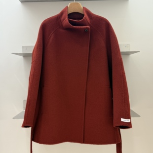 韩版立领系腰带羊毛外套女中长款红色双面呢大衣高级感小个子秋冬