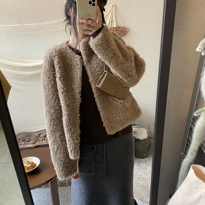 NSS显瘦的毛毛外套全羊毛皮毛一体外套女无领皮草短款拉链外套