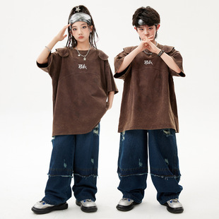 街舞儿童潮服嘻哈假两件上衣男童服装hiphop破洞牛仔裤女童演出服