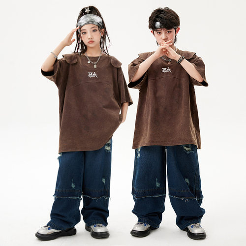 街舞儿童潮服嘻哈假两件上衣男童服装hiphop破洞牛仔裤女童演出服