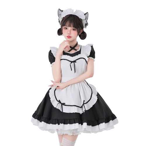 日本黑白色经典女仆装cosplay角色扮演Lolita表演服cos女佣连衣裙