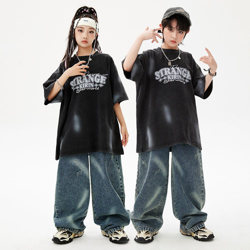 街舞儿童潮服嘻哈男童复古做旧T恤套装hiphop女童爵士舞表演出服