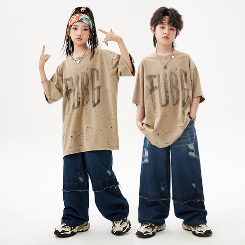 街舞儿童潮服嘻哈字母复古短袖男童服装hiphop架子鼓女童演出服夏