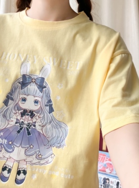 现货圆领T恤兔姬爱丽丝夏季纯棉软萌可爱短袖t恤女日系宽松上衣女