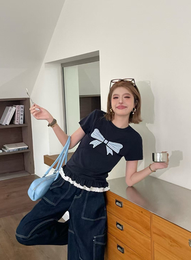 欧洲站2025小众设计师skip smile时尚百搭蝴蝶结短袖拼接裙摆T恤