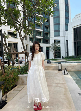 欧洲站小众设计师春夏新款刺绣收腰系带褶皱亚麻连衣裙女