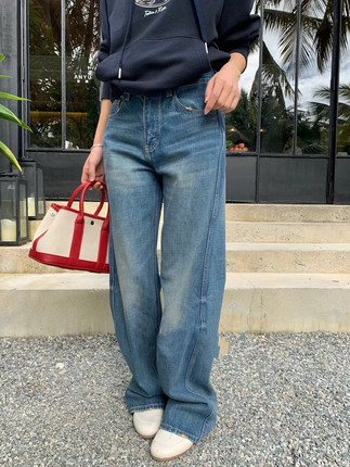 2024春季新款小众设计师高腰显瘦港风甜酷休闲直筒牛仔裤拖地裤女