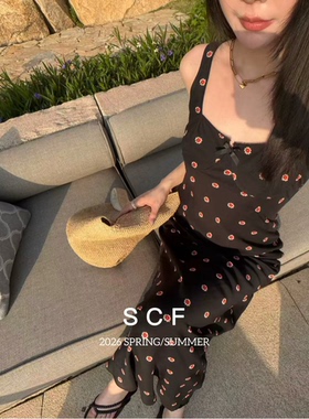 欧洲站小众设计师夏季新款度假小众法式浪漫小雏菊花色印花连衣裙