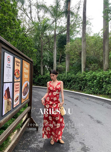 欧洲站2026夏季新款 设计师款小众法式浪漫复古印花苎麻连衣裙女