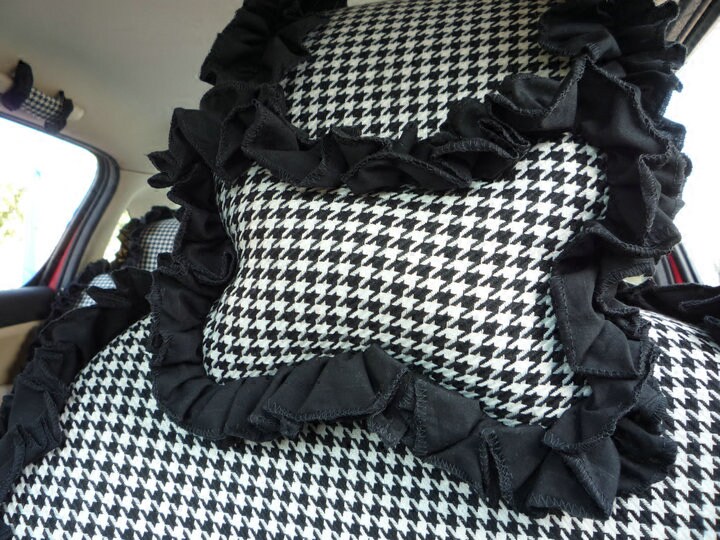 美女花边骨头型汽车头枕车用护颈枕 棉麻千鸟格 单个