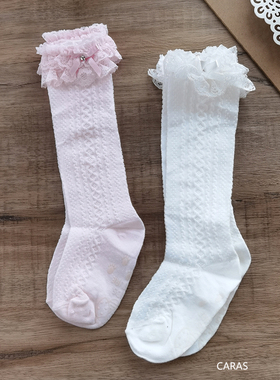 韩国KidsFUTURE儿童网眼蕾丝花边袜子女夏季薄款公主棉袜中筒及膝