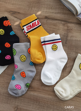 韩国KidsFUTURE儿童袜子笑脸字母街头棉袜彩色春秋男孩运动中筒袜