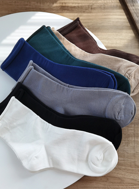 caras韩国进口松口卷边袜子女高弹不掉棉袜春秋复古纯色黑色长袜