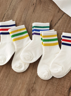 caras韩国儿童运动袜子男棉袜春秋三道杠学生白色中筒袜女学院风