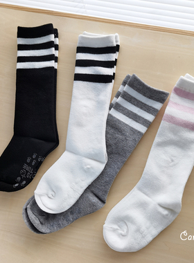 韩国KidsFUTURE儿童中筒袜及膝不掉筒运动学院风条纹男女孩白袜子