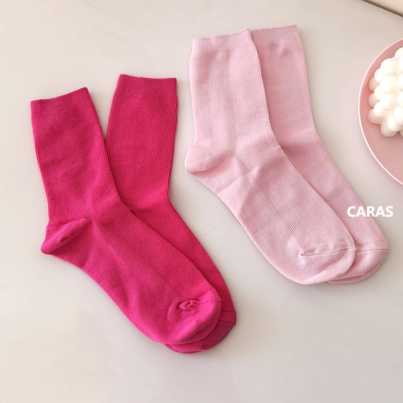caras韩国堆堆袜女精梳棉袜子纯棉高弹纯色百搭螺纹粉色中筒可爱