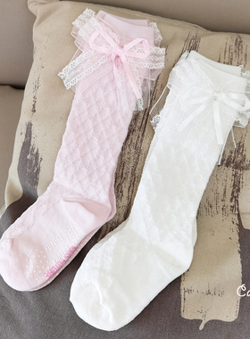 韩国KidsFUTURE网眼儿童及膝袜子女童蕾丝夏季薄款公主花边中筒袜