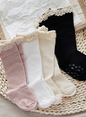 caras韩国进口儿童及膝袜蕾丝花边女童春秋棉袜宝宝袜子高筒白色