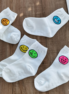 韩国KidsFUTURE春夏薄款儿童笑脸袜子棉袜高弹潮白色中筒荧光色